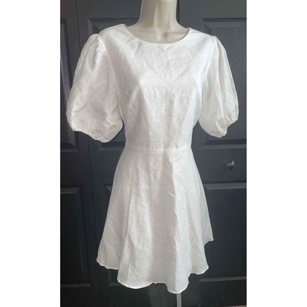 Fortunate One M White Cotton Linen Open Back Dress Puff Sleeve Quiet Luxury